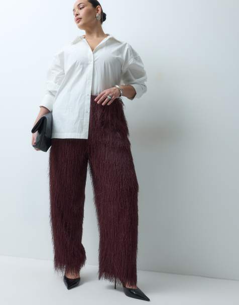 ASOS DESIGN Curve fluffy wide-leg broek in bordeauxrood - view 1