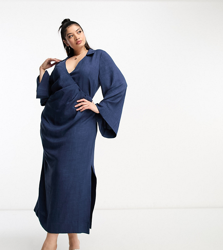 Asos Curve Asos Design Curve Flute Sleeve Collared Wrap Midi Dress With Gathers In Blue-navy