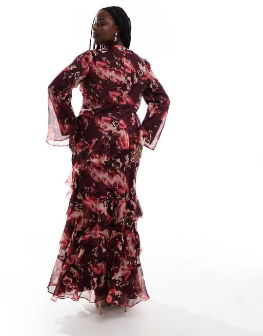 ASOS DESIGN Curve fluted  long sleeve extreme ruffle maxi dress in burgundy abstract floral print