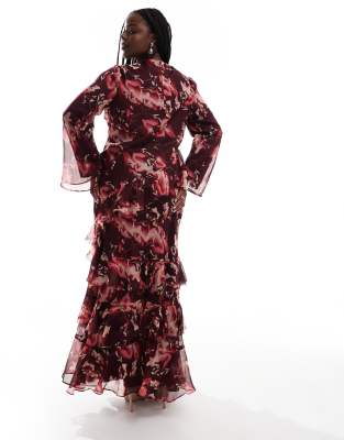 ASOS DESIGN Curve fluted  long sleeve extreme ruffle maxi dress in burgundy abstract floral print
