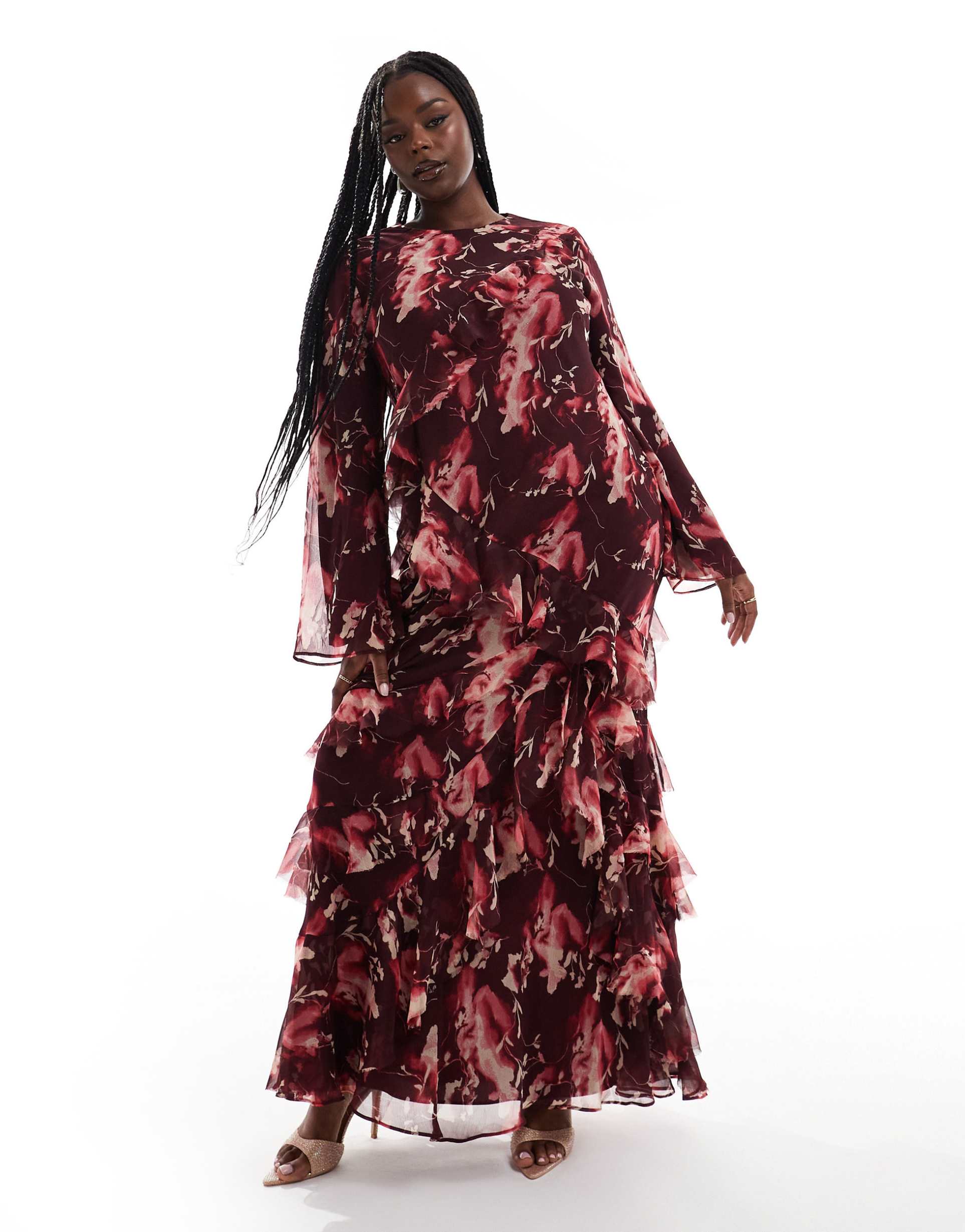 asos design curve fluted long sleeve extreme ruffle maxi dress in burgundy abstract floral print
