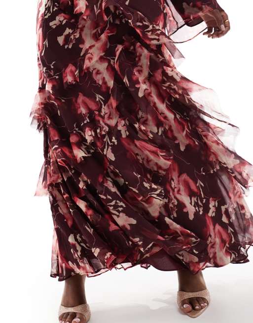 ASOS DESIGN Curve fluted  long sleeve extreme ruffle maxi dress in burgundy abstract floral print