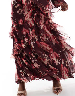 ASOS DESIGN Curve fluted  long sleeve extreme ruffle maxi dress in burgundy abstract floral print