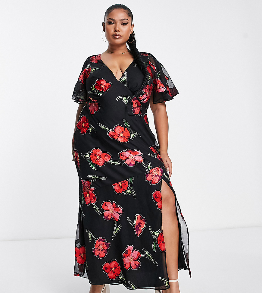 Asos Curve Asos Design Curve Fluted Sleeve Maxi Dress With Cut Out Back In Jacquard Rose Print-multi
