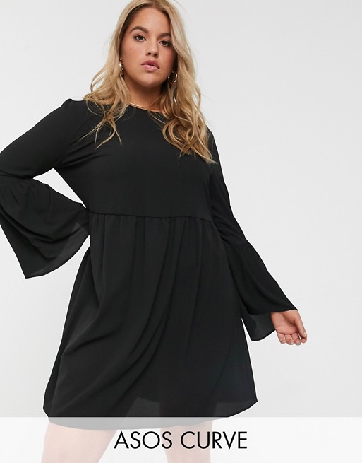 ASOS DESIGN Curve fluted sleeve smock mini dress in black