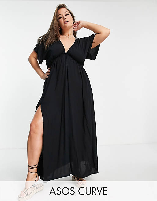 Symptomer Perforering prinsesse ASOS DESIGN Curve flutter sleeve maxi beach dress in black | ASOS