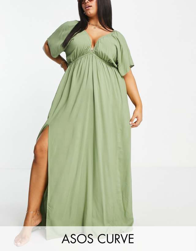 ASOS DESIGN Curve flutter sleeve maxi beach dress in khaki