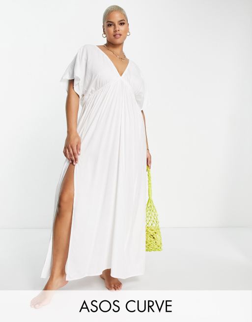 ASOS DESIGN Fuller bust flutter sleeve maxi beach dress in white