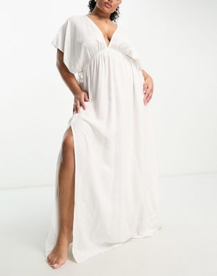 ASOS DESIGN Curve flutter sleeve maxi beach dress with channelled tie waist in white