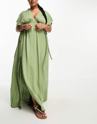 Asos Curve Asos Design Curve Flutter Sleeve Maxi Beach Dress With Tie Detail In Khaki-green