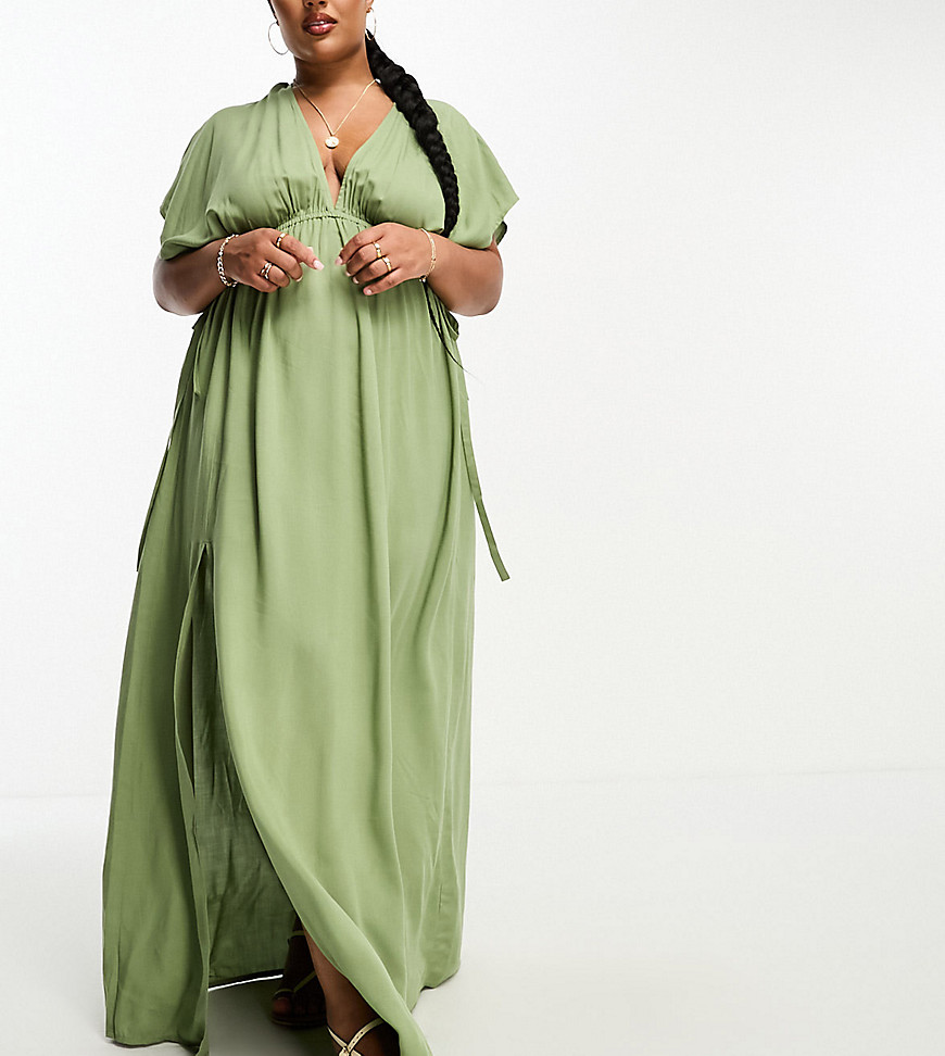 Asos Curve Asos Design Curve Flutter Sleeve Maxi Beach Dress With Tie Detail In Khaki-green