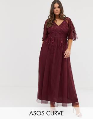 asos design maxi dress with cape sleeve in embroidered mesh