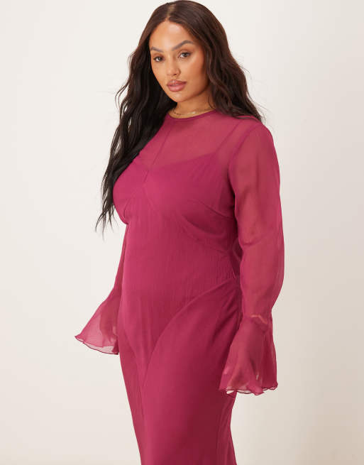 ASOS DESIGN Curve flutter sleeve maxi dress with frill hem in cherry, 2 of 4