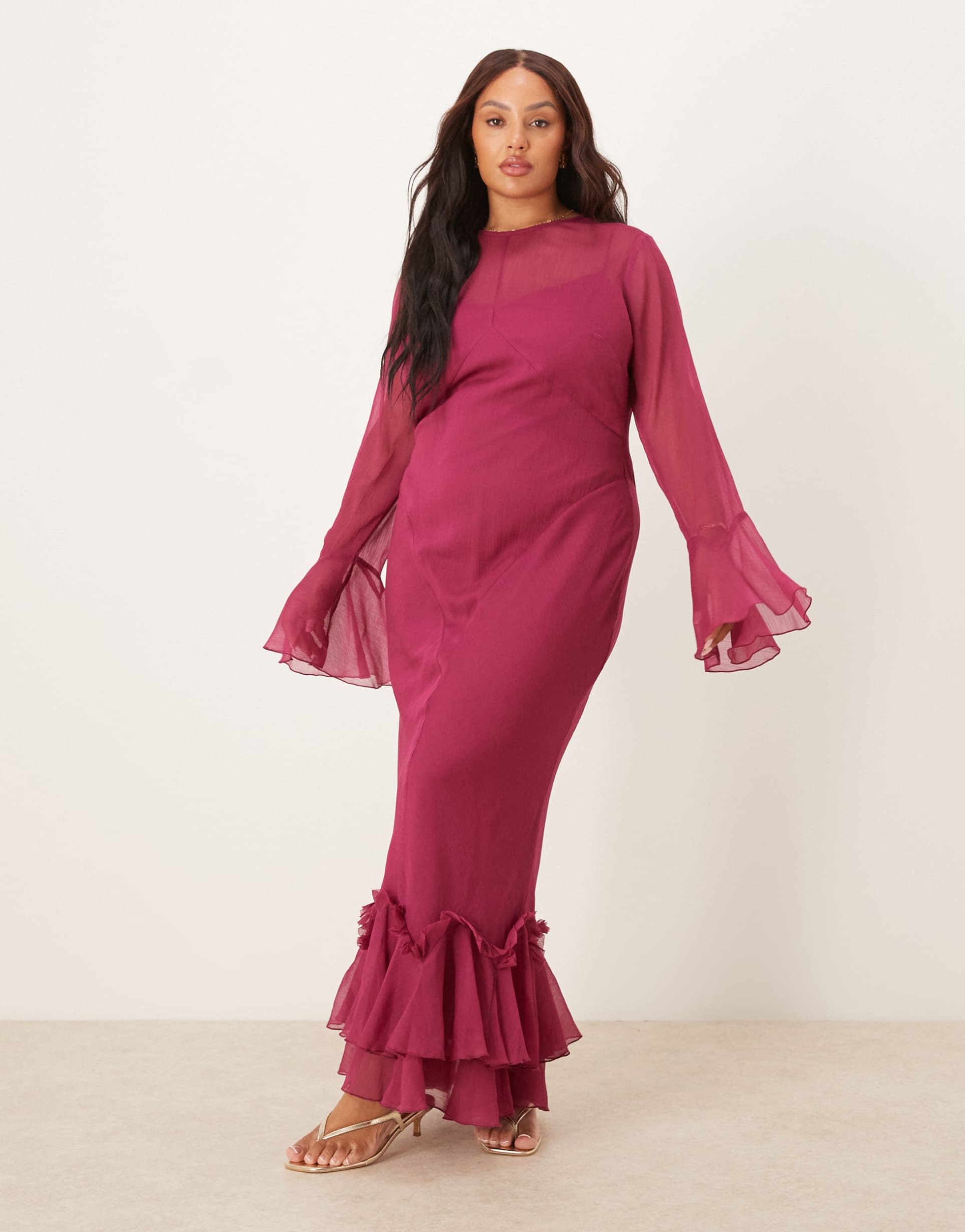 asos design curve flutter sleeve maxi dress with frill hem in mulberry