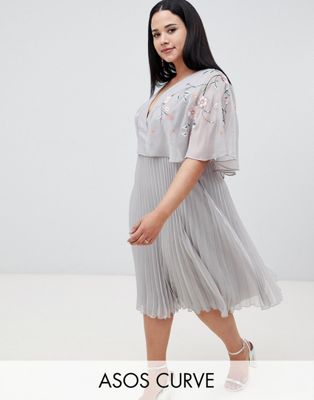 ASOS DESIGN Curve flutter sleeve midi dress with pleat skirt in embroidery-Multi