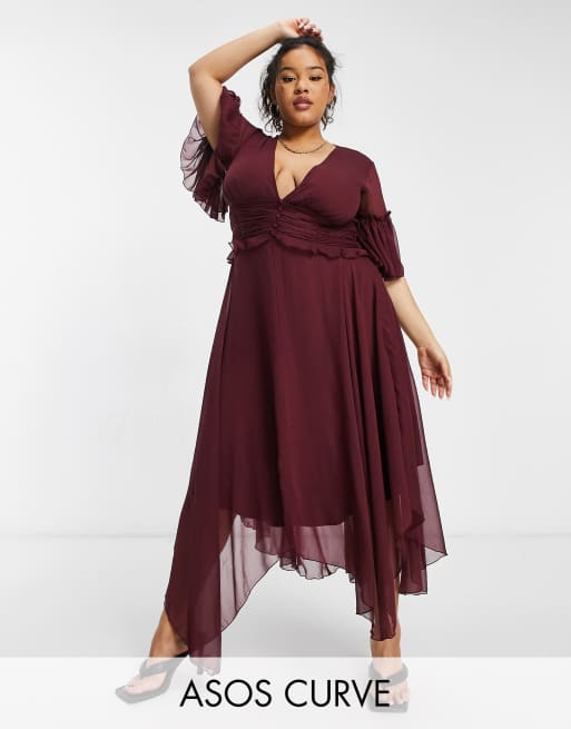 ASOS DESIGN Curve flutter sleeve midi dress with pleated waist and button detail in berry