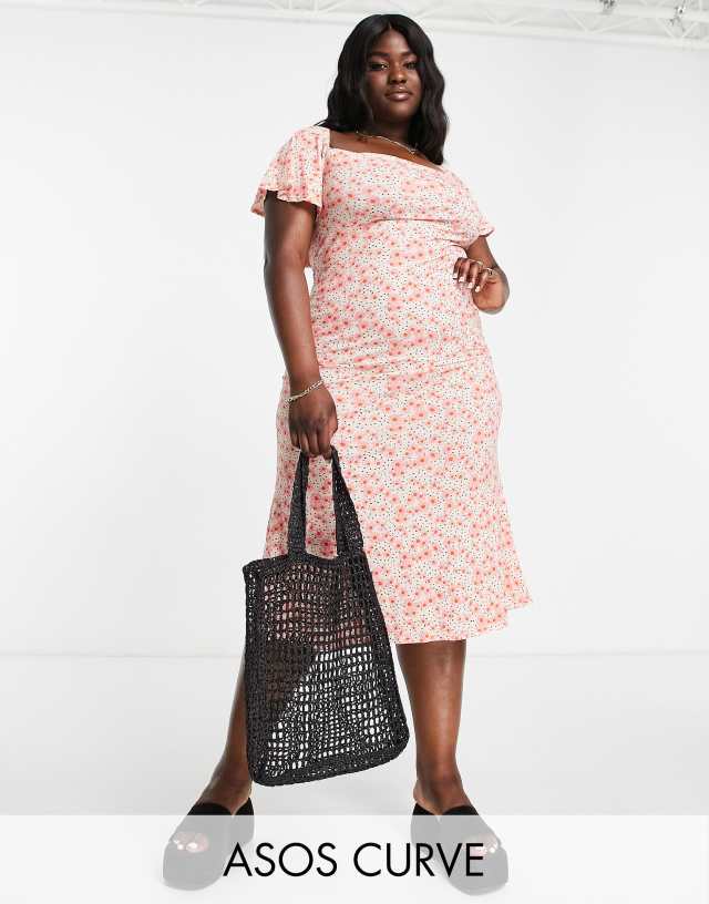 ASOS DESIGN Curve flutter sleeve midi tea dress in floral and spot print