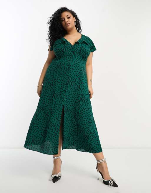 ASOS DESIGN Curve flutter sleeve midi tea dress with button in green ...