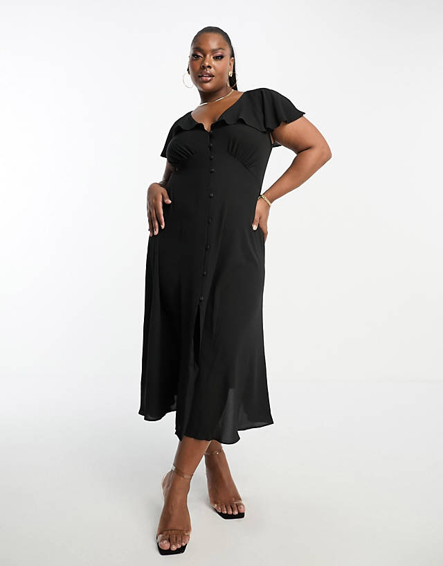 ASOS Curve - ASOS DESIGN Curve flutter sleeve midi tea dress with buttons in black