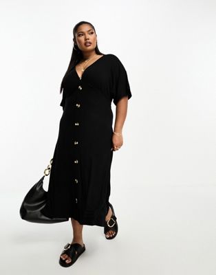 ASOS DESIGN Curve flutter sleeve midi tea dress with buttons in black