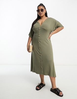 ASOS DESIGN Curve flutter sleeve midi tea dress with buttons in khaki - ASOS Price Checker