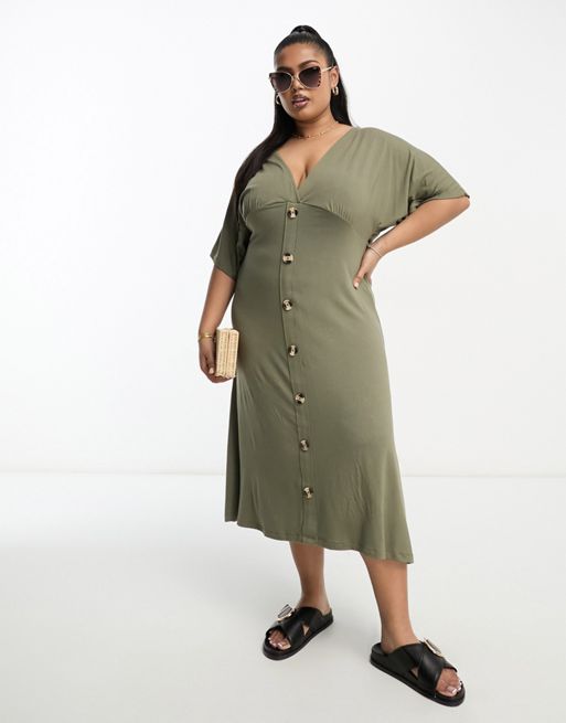 ASOS DESIGN Curve flutter sleeve midi tea dress with buttons in khaki ...