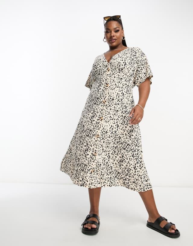 ASOS DESIGN Curve flutter sleeve midi tea dress with buttons in leopard print