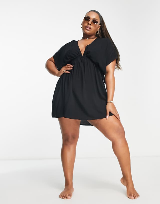 ASOS DESIGN Curve flutter sleeve mini beach dress with channeled tie waist in black