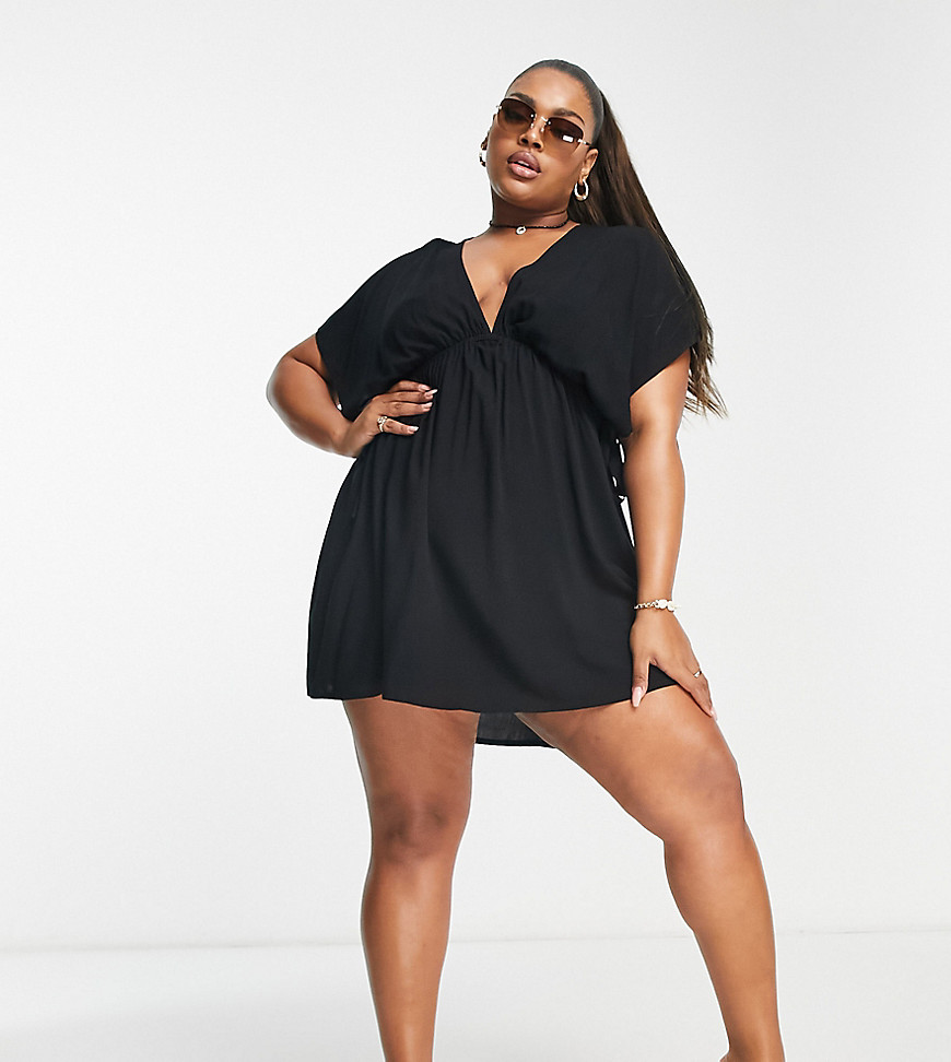 ASOS DESIGN Curve flutter sleeve mini beach dress with channelled tie waist in black