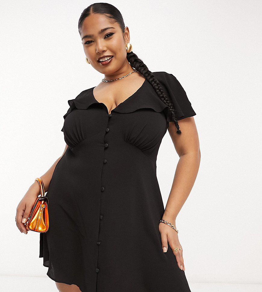 Asos Curve Asos Design Curve Flutter Sleeve Mini Tea Dress With Buttons In Black