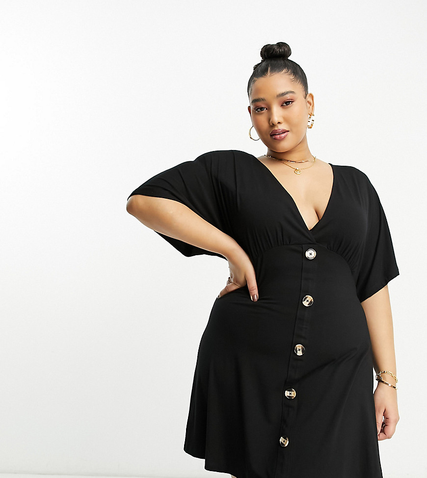 Asos Curve Asos Design Curve Flutter Sleeve Midi Tea Dress With Buttons In Black