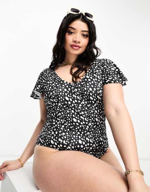 ASOS DESIGN Curve flutter sleeve plunge neck swimsuit in mono spot print