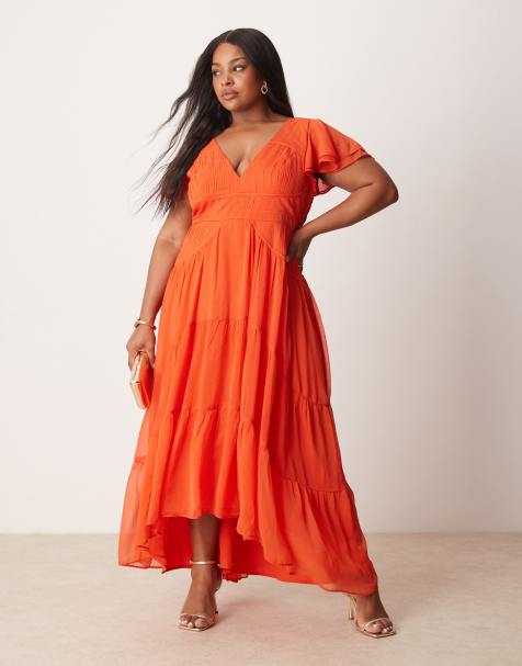 ASOS DESIGN Curve flutter sleeve ruched maxi dress with hi lo hem in spicy red - view 1