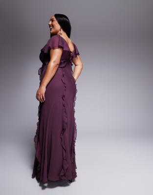 Asos Curve Asos Design Curve Flutter Sleeve Ruffle Flare Maxi Dress In Purple