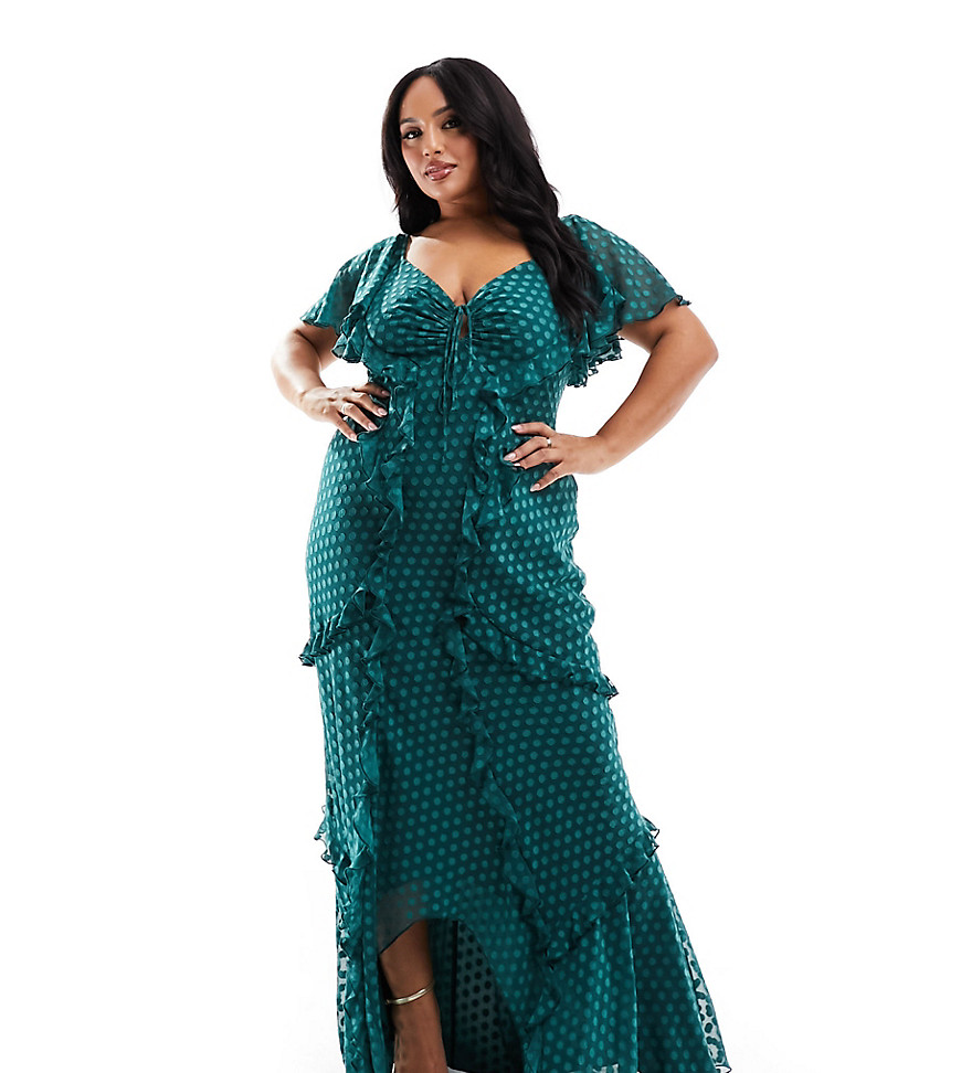 Asos Curve Asos Design Curve Flutter Sleeve Ruffle Maxi Dress With Cut Out Detail In Textured Spot In Green-mul In Multi