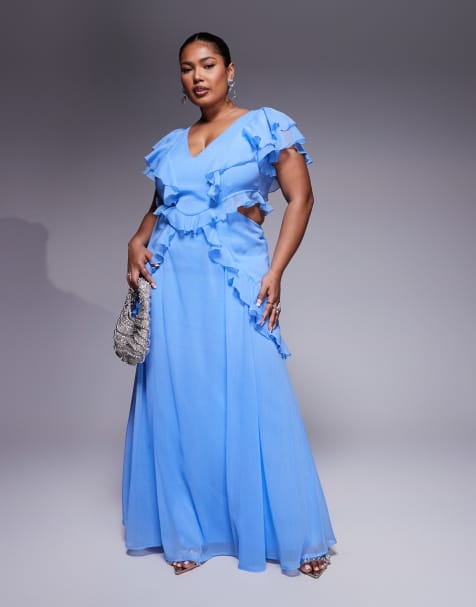 ASOS DESIGN Curve flutter sleeve ruffle midi dress with cut out in cornflower blue - view 1