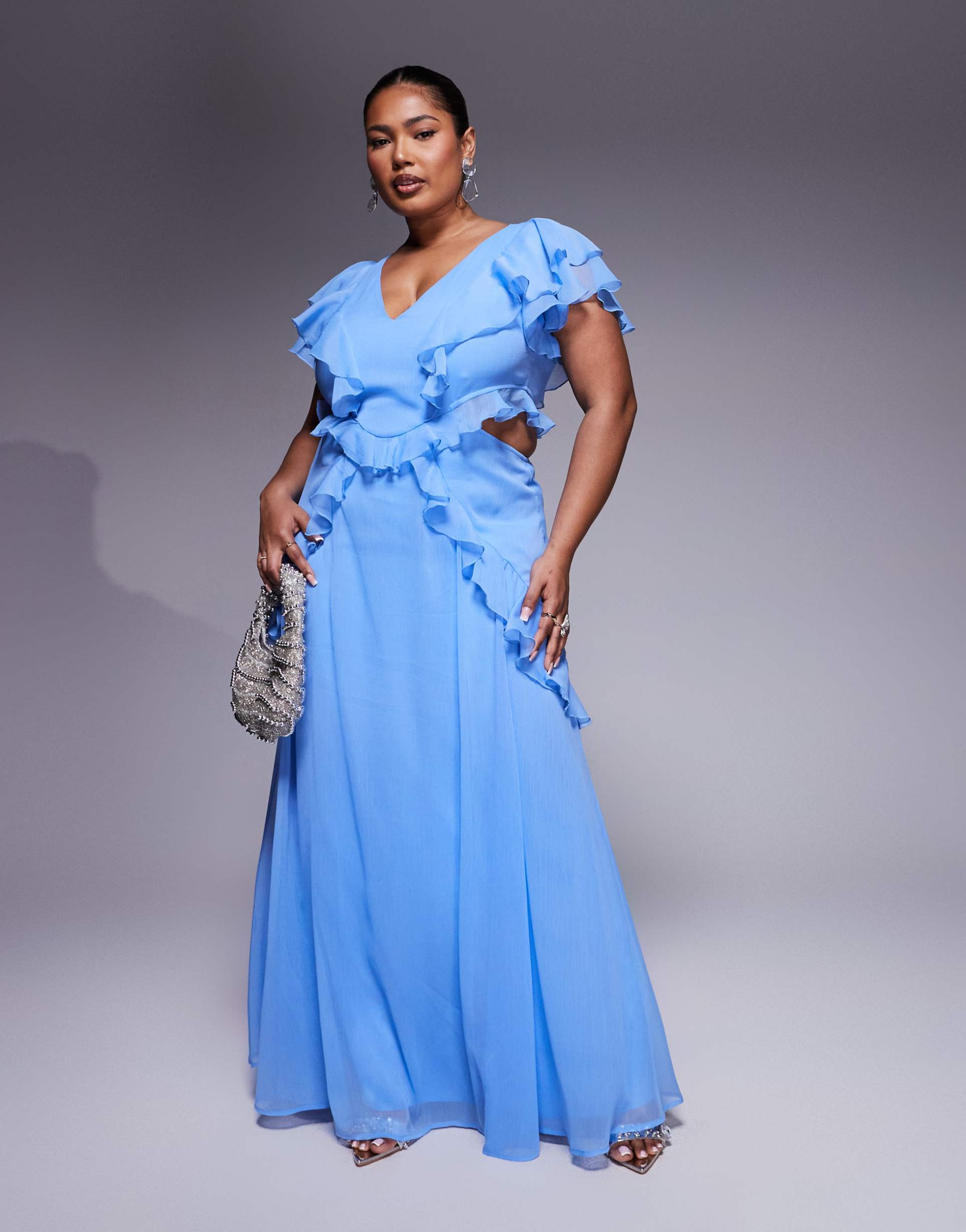 asos design curve flutter sleeve ruffle midi dress with cut out in cornflower blue