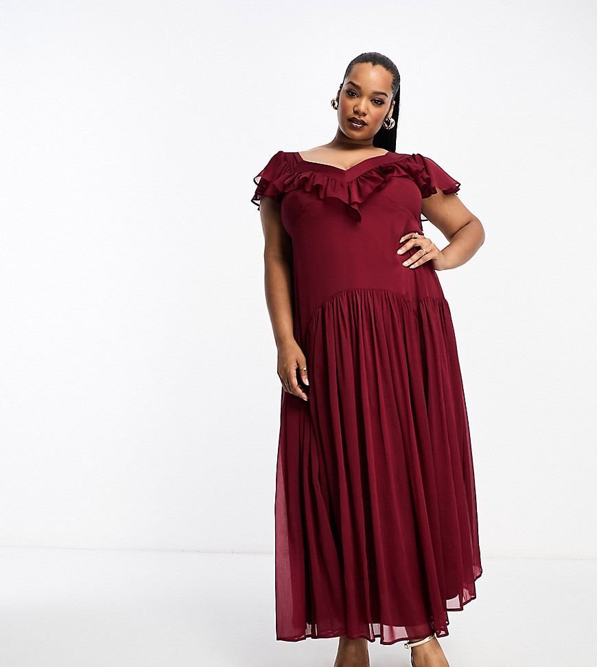 ASOS DESIGN Curve flutter sleeve ruffle midi dress with open back in red