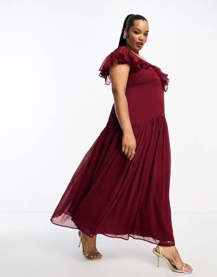 ASOS DESIGN Curve flutter sleeve ruffle midi dress with open back in red |  ASOS