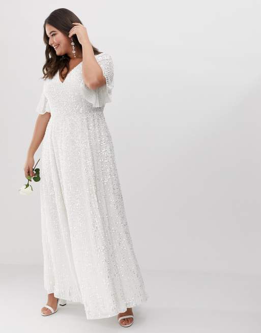 ASOS DESIGN Curve flutter sleeve sequin maxi wedding dress WHITE