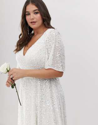 ASOS DESIGN Curve flutter sleeve sequin maxi wedding dress | ASOS