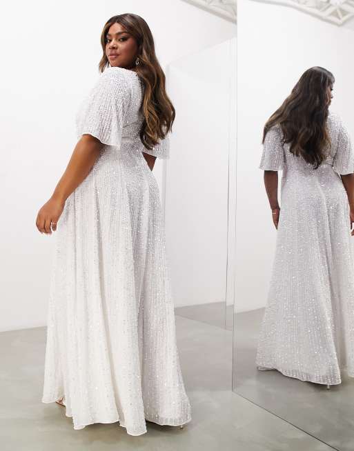 ASOS DESIGN Curve Florence plunge long sleeve wedding dress with