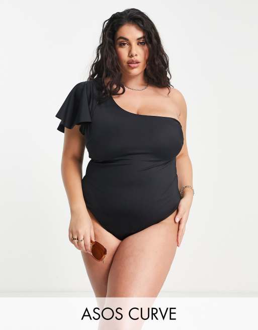 ASOS DESIGN Curve flutter sleeve swimsuit in black