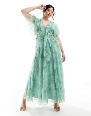 Asos Curve Asos Design Curve Flutter Sleeve Tie Front Midi Dress In Sage Floral Print-green