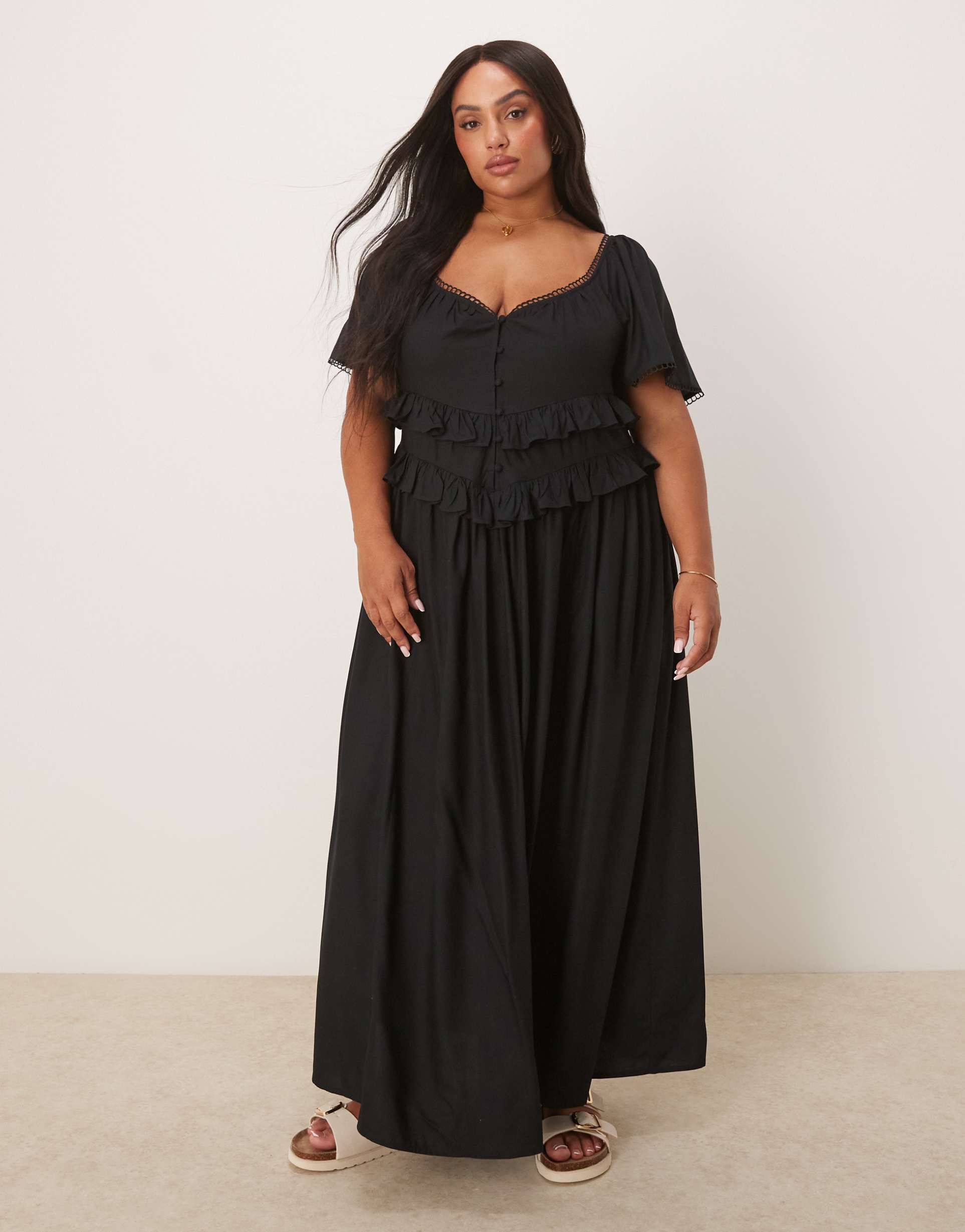 asos design curve flutter sleeve waisted maxi dress in black