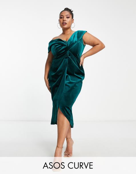 ASOS DESIGN Curve - Fluwelen midi-jurk met blote schouders, gedraaide voorkant en overslag in bosgroen - view 1