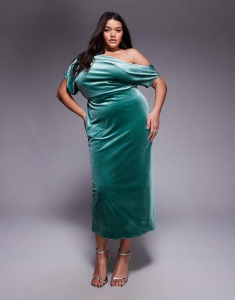 ASOS DESIGN - Curve - Fluwelen midi-jurk met gedrapeerde halslijn in groen - view 1