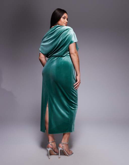 ASOS DESIGN - Curve - Fluwelen midi-jurk met gedrapeerde halslijn in groen, 3 van 4