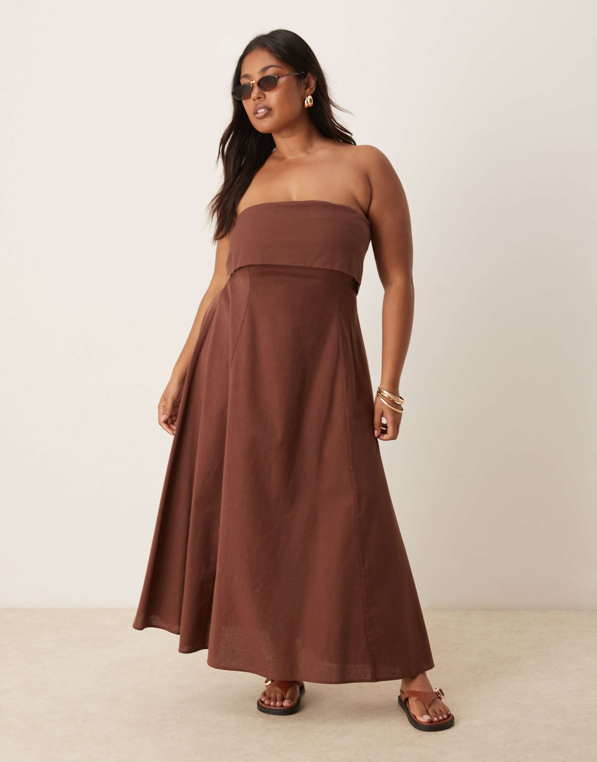 asos design curve fold over bandeau midaxi dress in chocolate