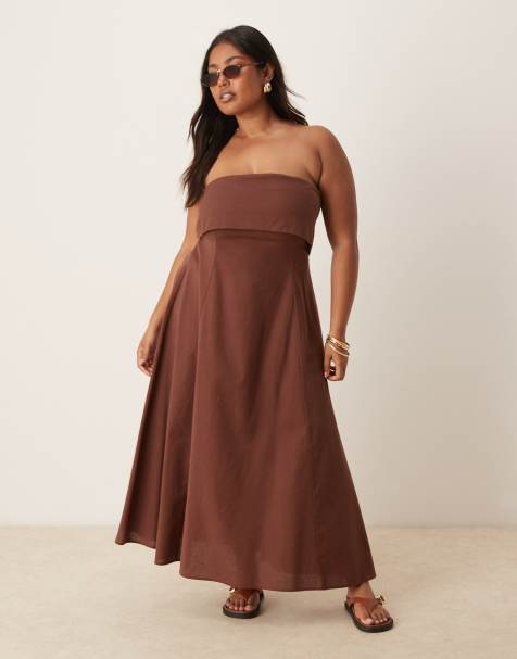 ASOS DESIGN Curve fold over bandeau midi dress in chocolate - view 1